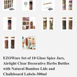 Set of 10 Glass  And Bamboo Lids Spice Jars