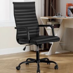 Office Chair, Ergonomic Executive Conference Room Chairs, Ribbed Leather Desk Chair with Lumbar Support, Adjustable Height Mid-Back Swivel Chair with 
