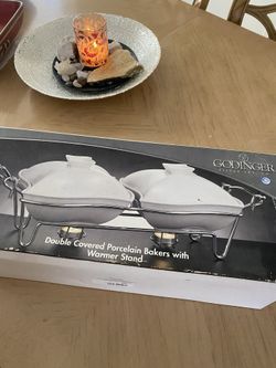 Double Covered Porcelain Baker with Warmer Stand - NEW