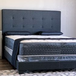 Brand New King Size Dark Gray Linen Bed Frame With New Mattress/Fast Delivery