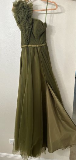 Olive Green One-Shoulder Tulle Formal Gown