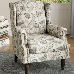 UIXE High Back Floral Accent Chair, Fabric Upholstered Armchair for Living Room, Retro Printed Wingback Arm Chair Nailhead Trim Single Sofa Bedroom Re