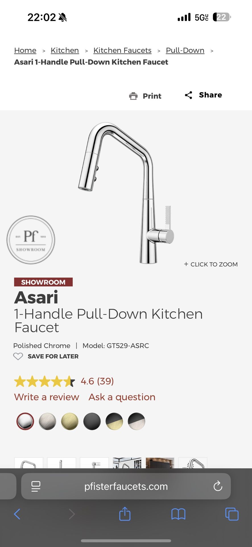 Pfister Asari1-Handle Pull-Down Kitchen Faucet Polished Chrome Model: GT529-ASRC