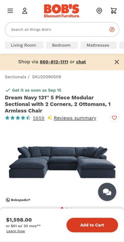 Dream Navy 5-Piece Modular Sectional with 2 Corners, 2 Armless chairs and 1 Ottoman.