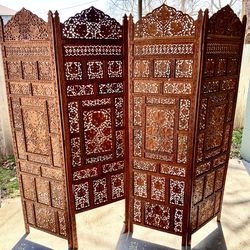 Carved Wooden Room Divider 4 Panel Folding Screen Ornate Boho