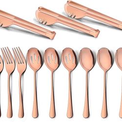 Homikit 12 Pieces Stainless Steel Copper Serving Utensils Set, Metal Catering Banquet Buffet Serving Spoons Forks Tongs Set for Home Restaurant Party,