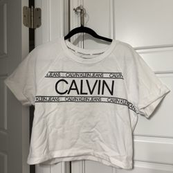 Calvin Klein White Cropped Top with Folded Sleeves – Size Small