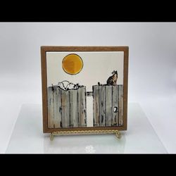 Large Vtg Happy Things/Cat Starring At Sun Trivet Art Tile Ceramic/Wood Frame