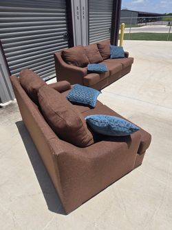 Brown Sofa Set with Blue Cushions