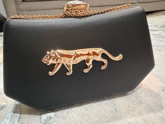 Black Clutch Bag with Gold Panther Detail