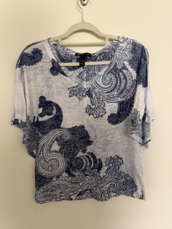 INC International Concepts Womens S Blue White Paisley Embellished Dolman Blouse