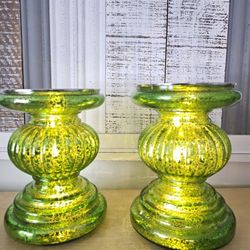 $45.00 - (2) Iluminated Mercury Glass Pedestal Candleholders, Batteries Included!  From QVC, Valerie Parr-Hill/"Like New" Condition!