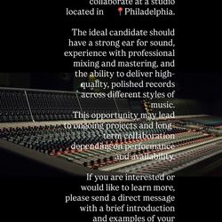 Mixing and mastering engineer NEEDED studio📍Philadelphia. We turning dreams into real-life results. No limits, just levels