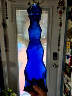 Vintage Cobalt Blue Glass Decanter 1950's, 1960's Faceted Geometric Design 17"