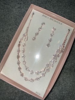 Brand new in box Jessica McClintock gold-tone rhinestone double-strand flower necklace and matching dangle earrings set