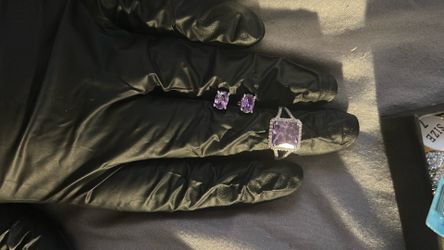 Amethyst, Ring And Earring Set Sterling Silver And Moissanite