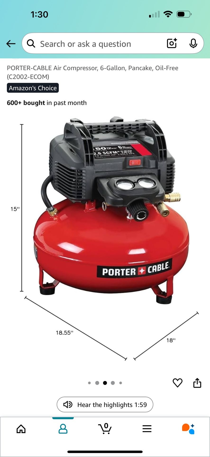 PORTER-CABLE Air Compressor, 6-Gallon, Pancake, Oil-Free (C2002-ECOM)