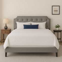 Button Tufted Queen Size Light Gray Bed Frame With Mattress