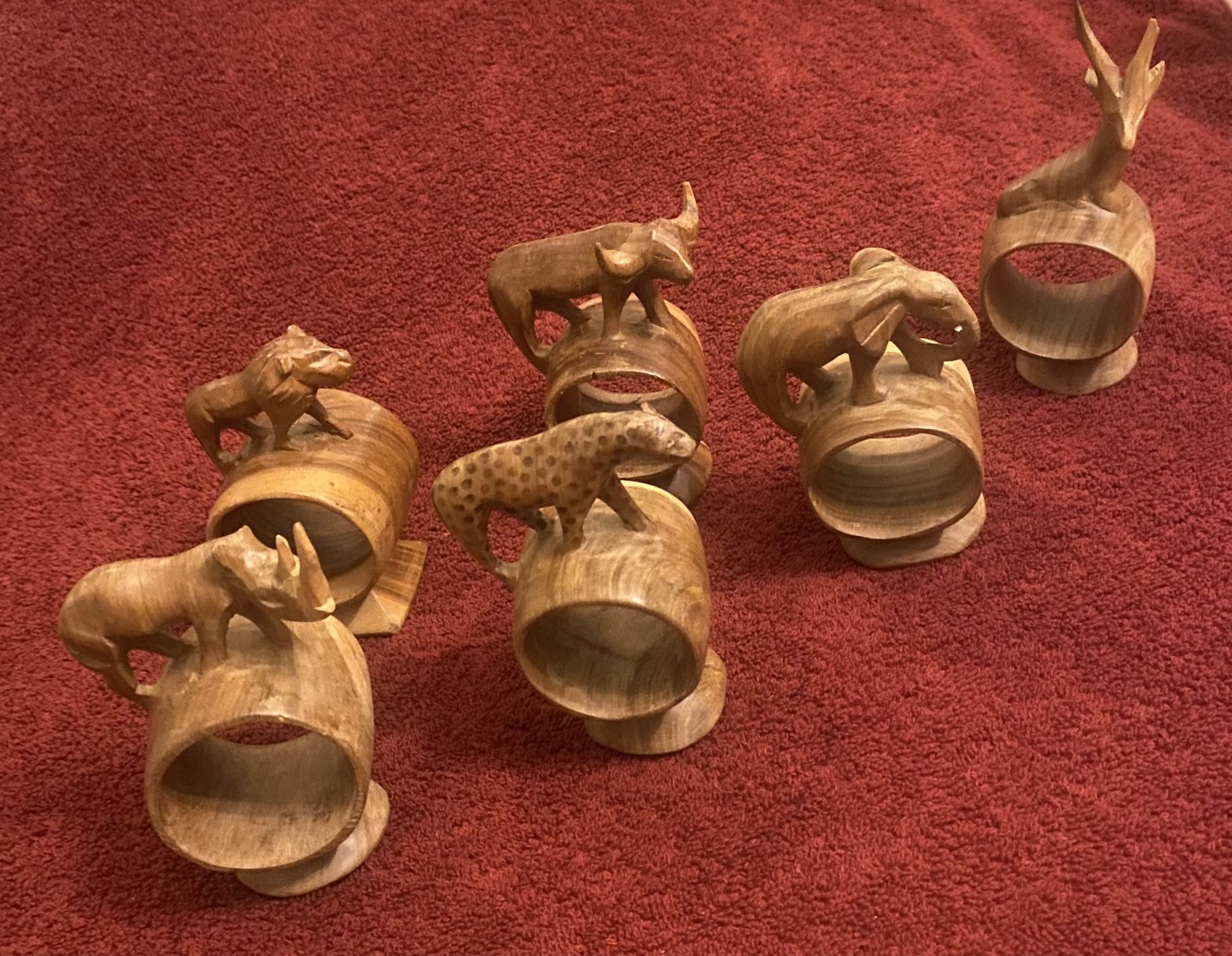 Vintage wooden hand carved animal tiki wood napkin ring set of six