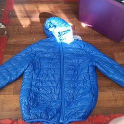 Blue puffer jacketed