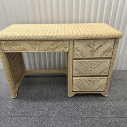 Vintage Boho Chic Wicker Rattan Desk/Vanity With Matching Chair