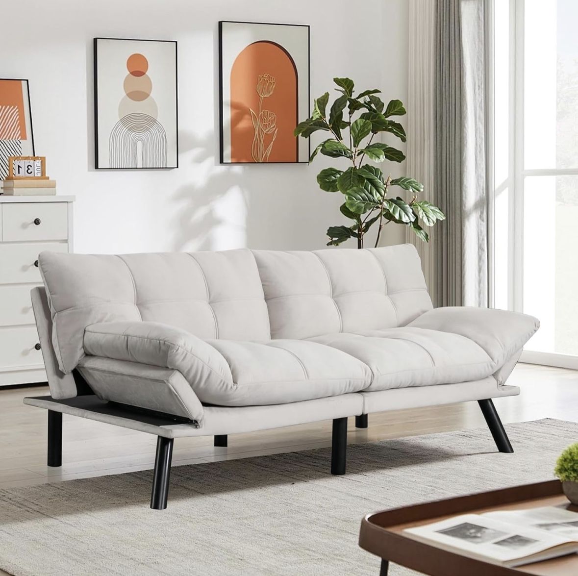 67” Velvet Futon Sofa Bed Convertible Small Upholstered Couch 2-Seat Loveseat Sleeper with Adjustable Backrest and Armrest for Small Space Apartment,G