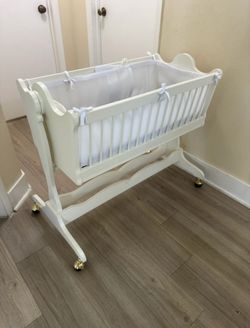 White Wooden Rocking Baby Cradle with Mattress