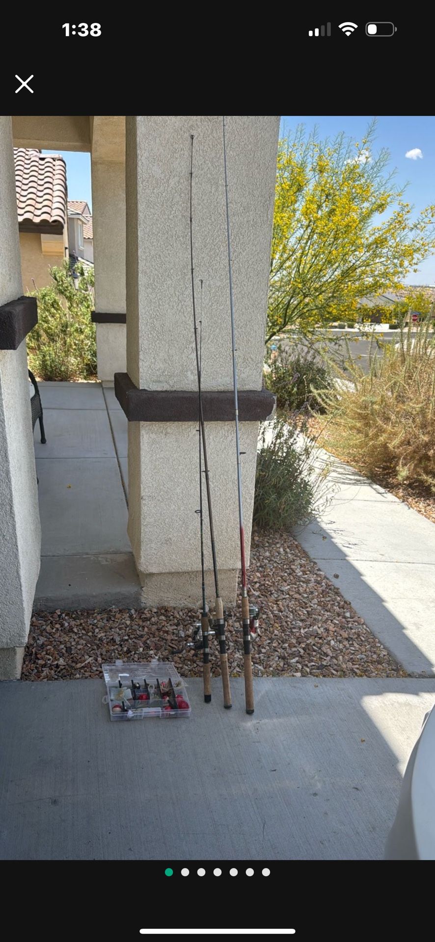 3 fishing rods and reel and box