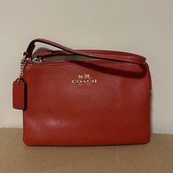 Coach Zipper Wristlet Poppy Orange Pebble Leather Wallet