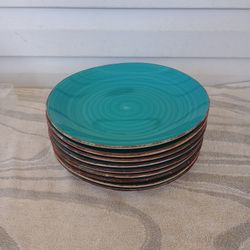 Royal Norfolk Dinner Plates Teal w Brown Edging Stoneware (9) 10-1/2" 