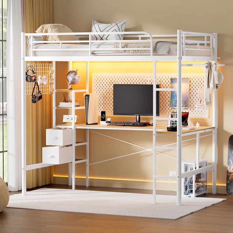 Twin Metal Loft Bed with L-Shaped Desk, Loft Bed Frame with Charging Station, Storage Bed with 2 Drawers & Open Shelf, Safety Guard & Ladder