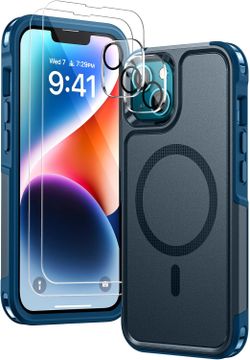 Lanhiem Magnetic for iPhone 14 Case with 2 Tempered Glass Screen Protector and Camera Lens Protector, Shock Absorption, Anti-Scratch Shockproof Case C