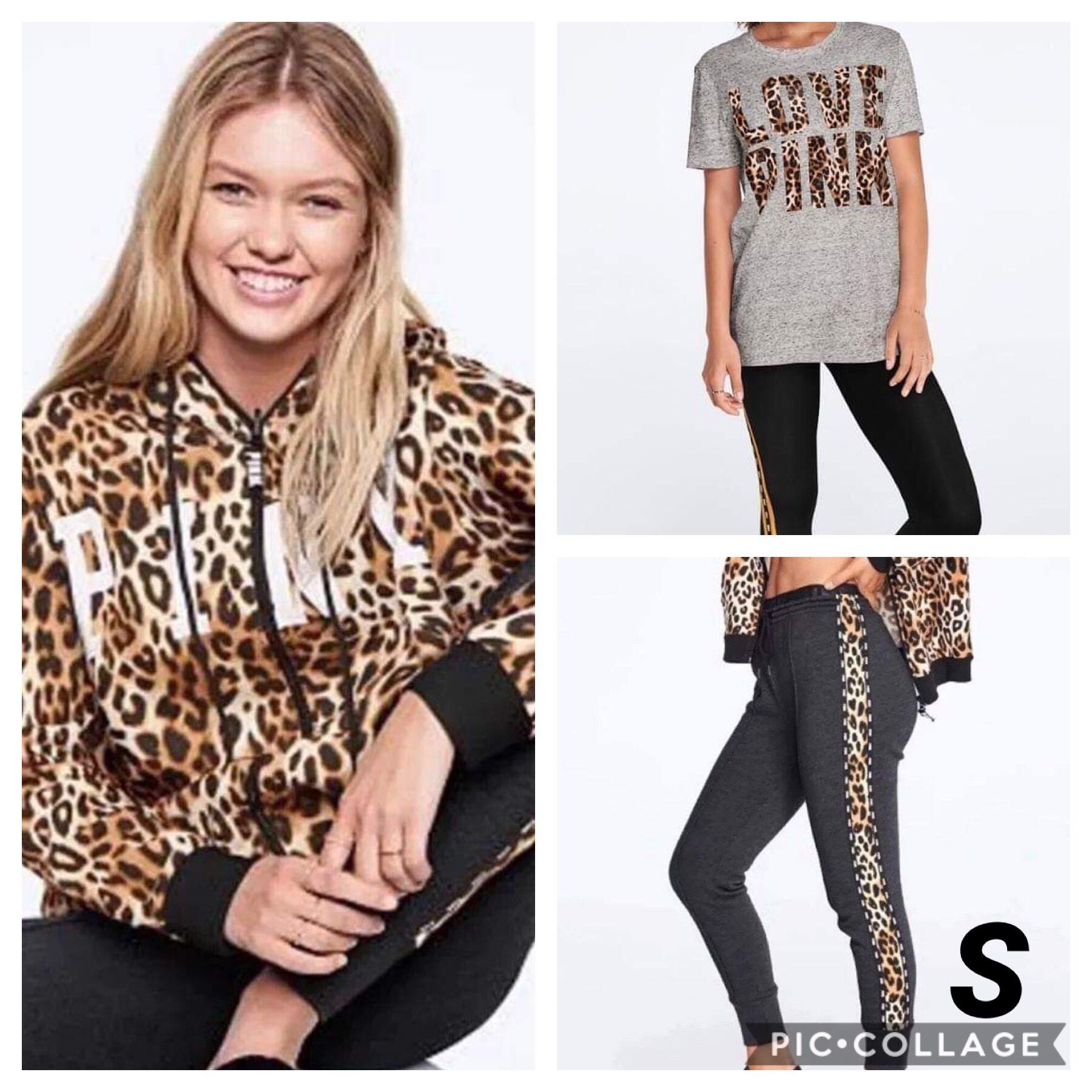 NWT VS PINK Leopard Hoodie, Tee and Joggers 3pc Set (Small)
