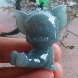 Certificate Jadeite Myanmar Burmese Hand Carved Green Natural A Jade Pendant cute Jerry sitting Mouse Cartoon 
