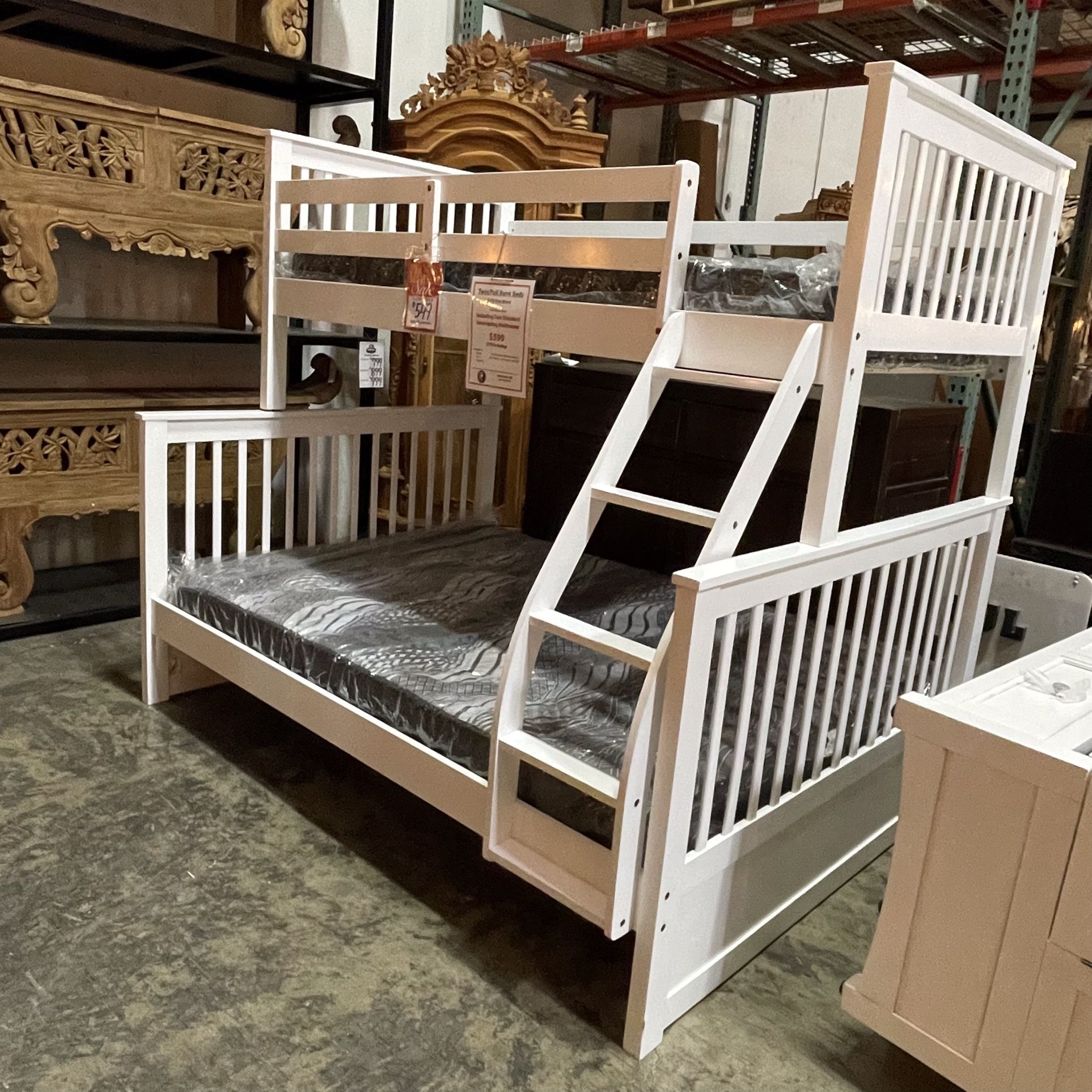 Floor Model Sale!! White Twin/Full Pine Bunk Bed W/ Mattresses Included