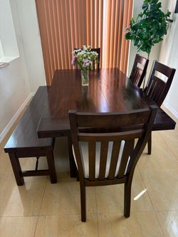 Solid Wood Dining Table Set with Bench + 4 Chairs