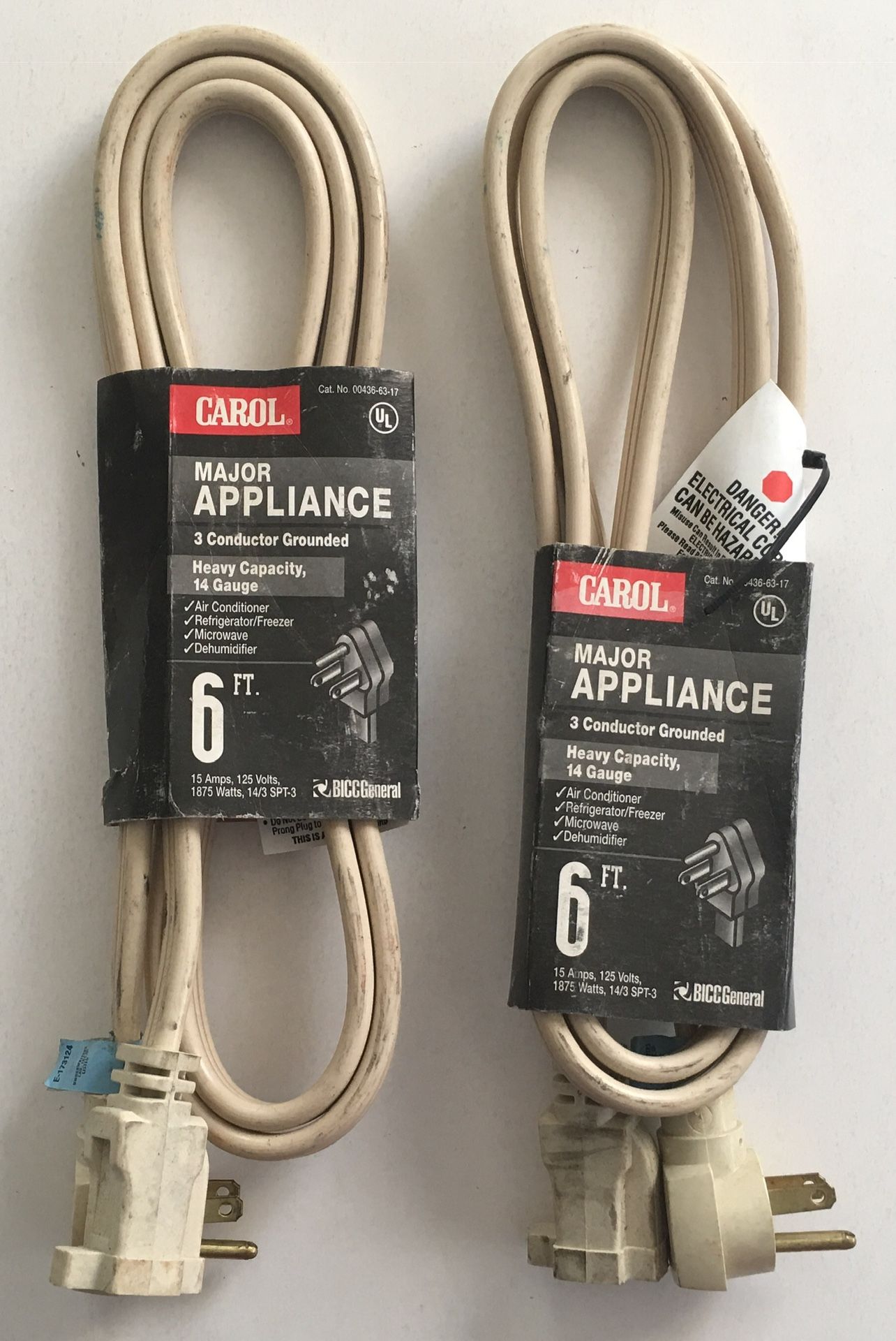 2 Carol 6ft Major Appliance Power Extension Cord 14 Gauge 15A/125V Beige