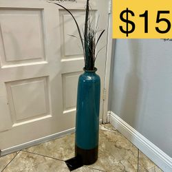 Tall Turquoise Ceramic Accent Floor Vase with Decorative Grasses (SELLING FOR $15)