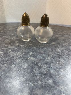 Clear Glass Salt & Pepper Shakers with Brass Tops. 2” High 1 1/2” Across