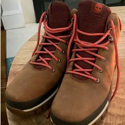 Timberland Women’s Sz. 8 Jenness Falls Waterproof Mid Boots – Dark Brown Full-Grain Leather with Red Laces