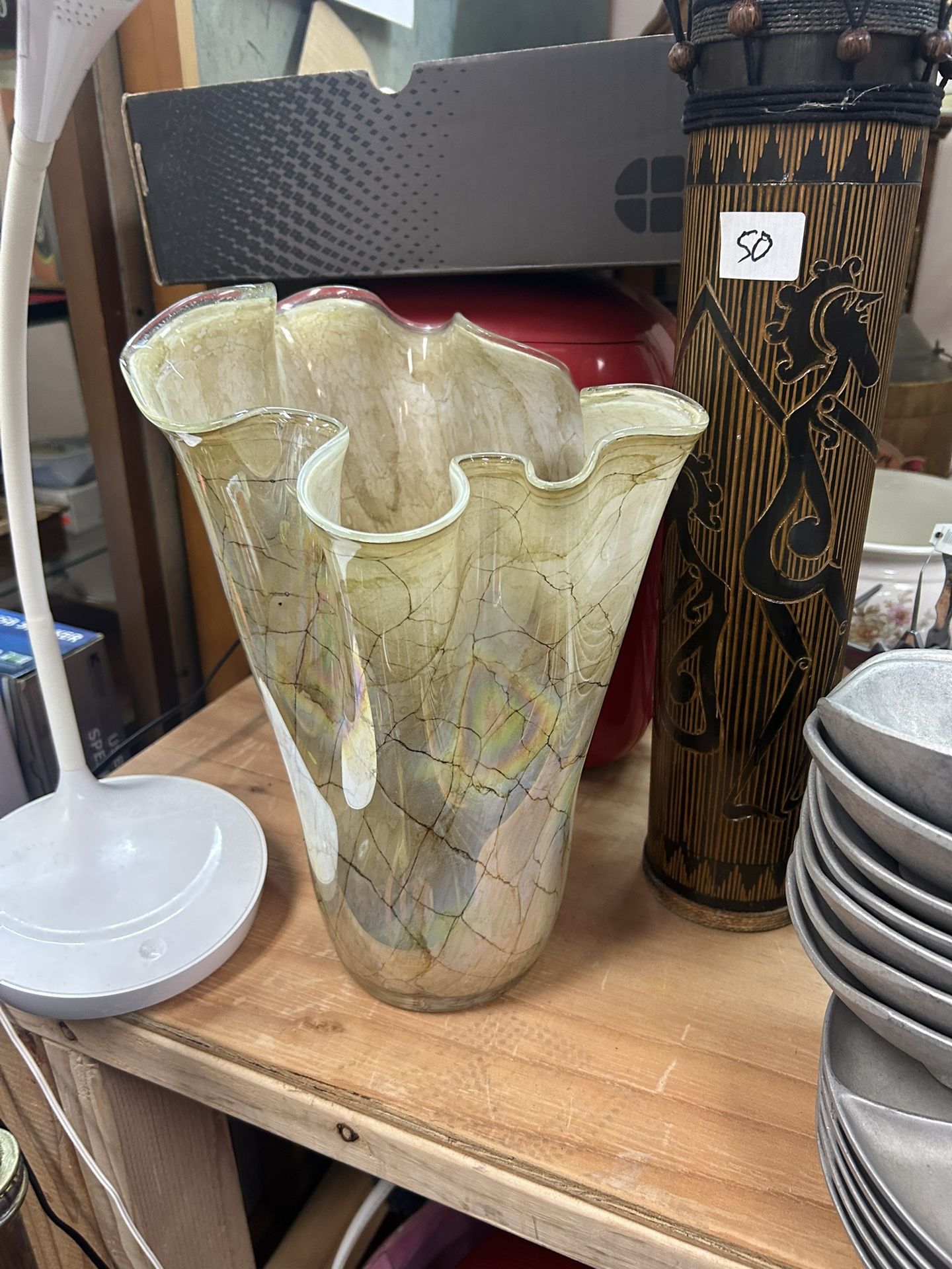 Vintage Zorza Poland hand-blown art glass handkerchief vase with an iridescent, tan and brown net-like pattern