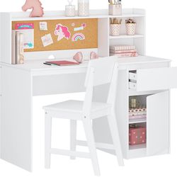 UTEX Kids Study Desk with Chair, Kids Desk and Chair Sets with Hutch and Storage Cabinet, Wooden Children Study Table, Student Writing Desk Computer W