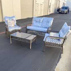 4 Pieces Patio Furniture Set Wicker Conversation Set with Cushions＆Pillows, Blue