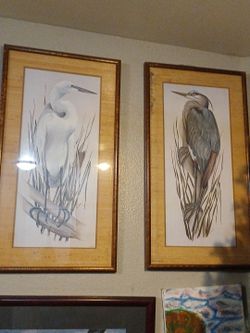 Pair of Large Framed Blue Heron LaMay signed