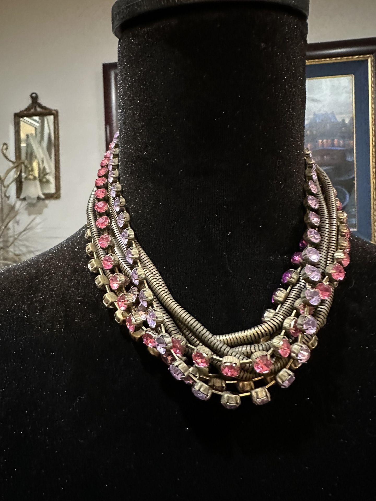 Trendy Multi Tier Choker With Pink Rhinestones