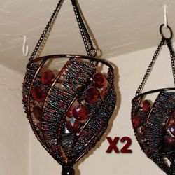 X2 VINTAGE VICTORIAN ORNATE BOHEMIAN BEADED TEALIGHT CANDLE HOLDER CHANDELIER HANGING ACCENT WALL ART