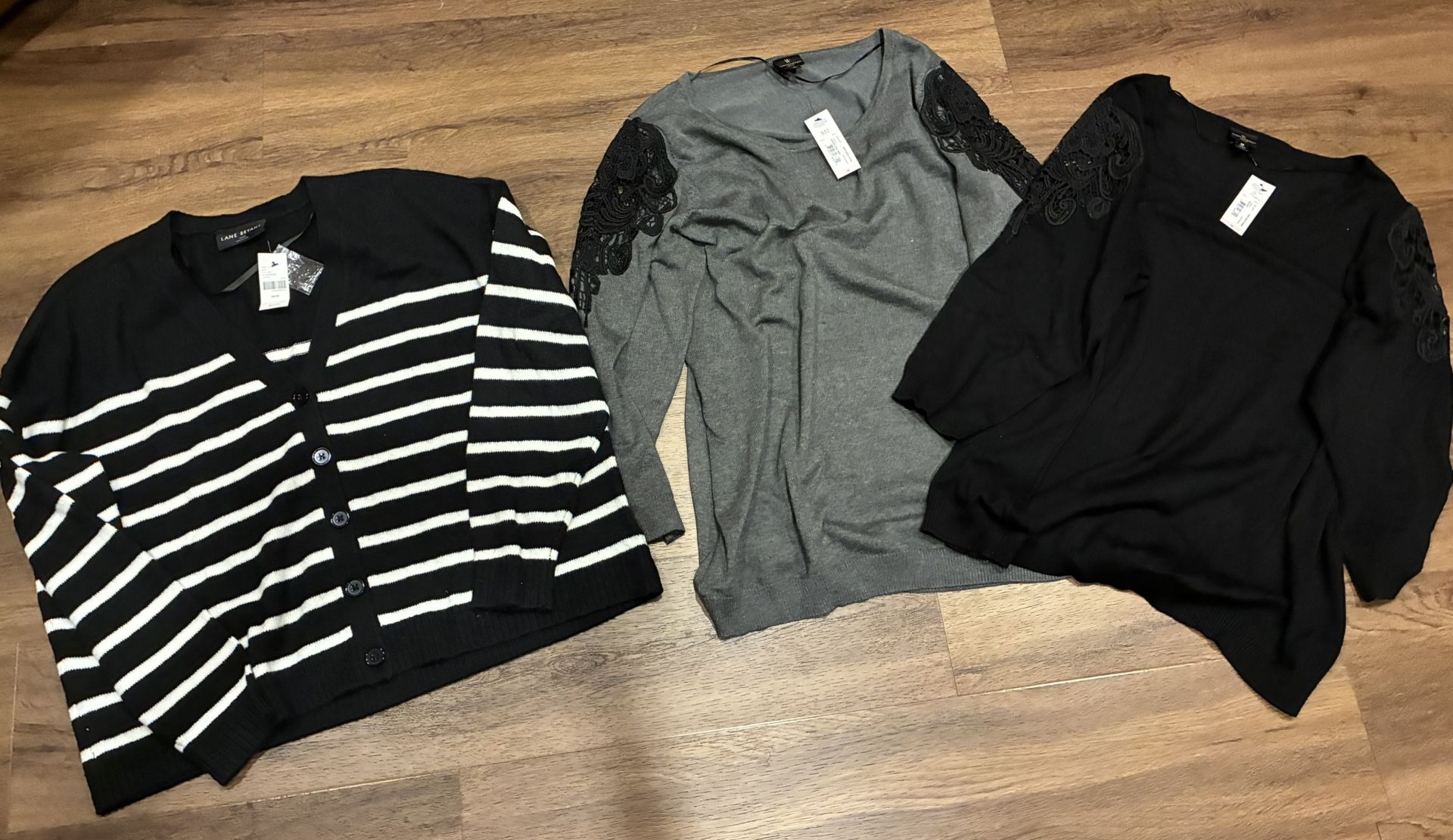 3  Woman’s Tops Lane Bryant 18/20 Cropped Stripe Button Cardigan Worthington Sweaters Lace Shoulders All new with Tags