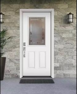 Focus 36in x 80in 1 Panel right Hand/Inswing 1/2 Lite Decorative Glass Primed White Fiberglass Prehung