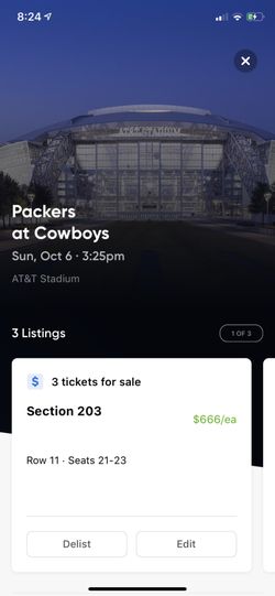 Up to 9 Together. Sec 203. Green Bay Packers @ Dallas Cowboys Tickets $575 each