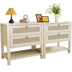 Set of 2 Large Nightstand with Drawers and Storage Shelf